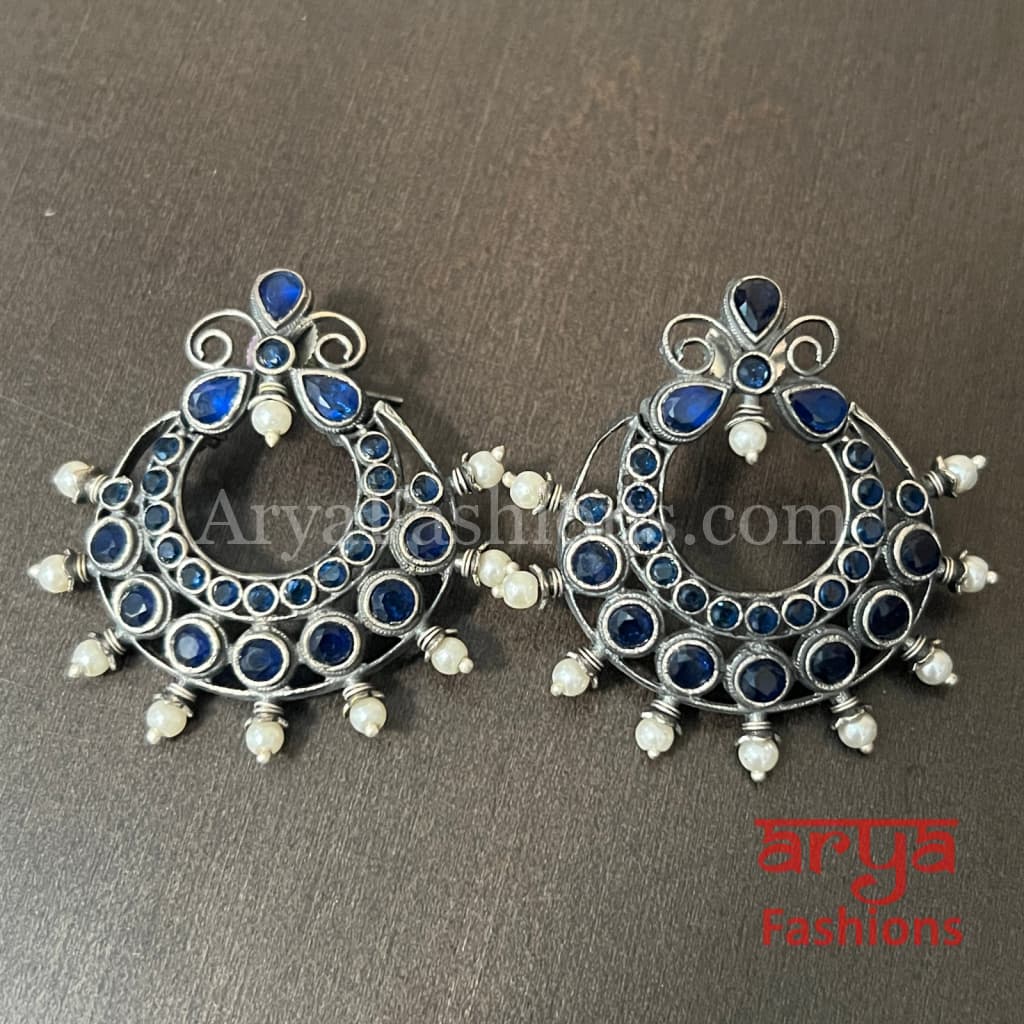 Jadau Oxidized Silver Small Chandbali Earrings with Pearls