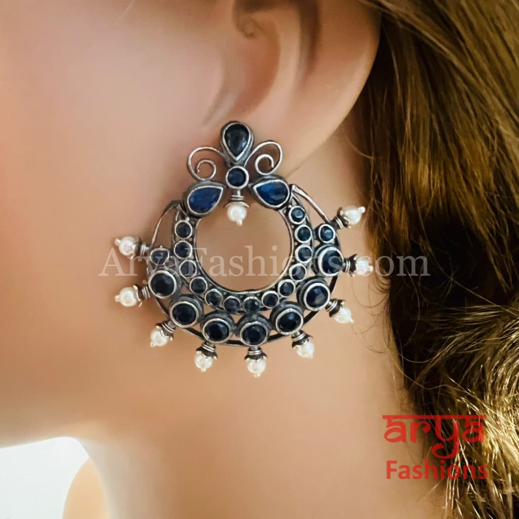 Jadau Oxidized Silver Small Chandbali Earrings with Pearls