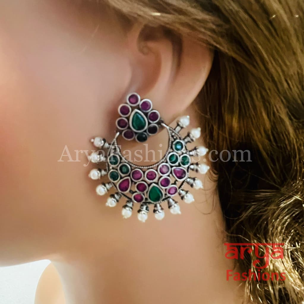 Jadau Oxidized Silver Small Chandbali Earrings with Pearls