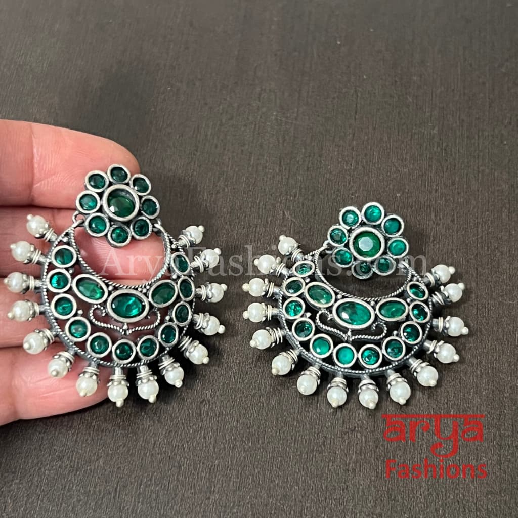 Jadau Oxidized Silver Small Chandbali Earrings with Pearls