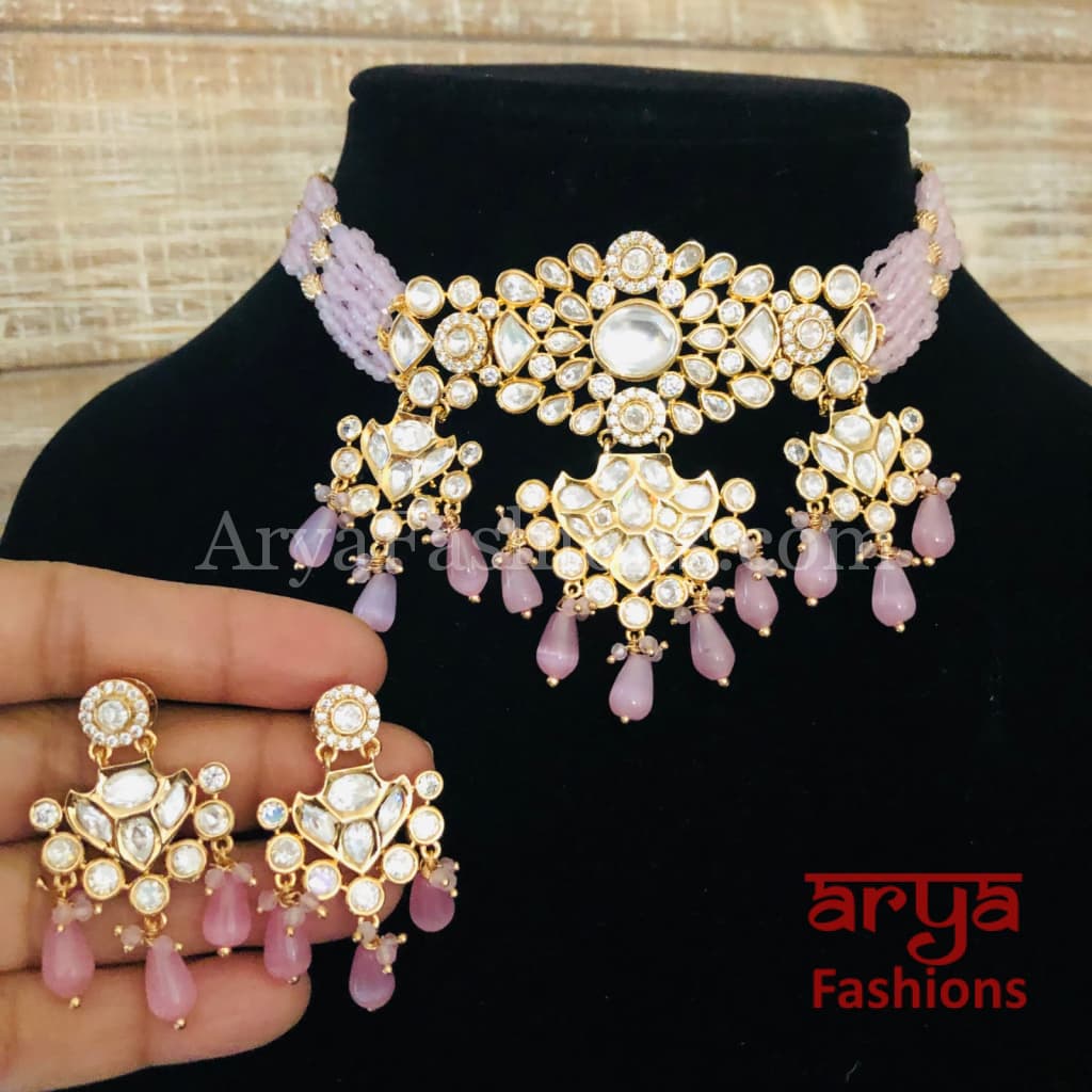 Jadau Rajwadi Pacchi Kundan CZ Choker/ Pink Yellow Choker