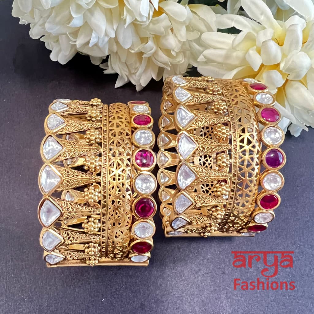 Jaipuri Jadau Kada Openable Bangles with Kundan Stones