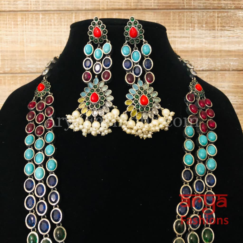 Kajal Multilayer Kemp Stones Long Necklace in Oxidized Silver