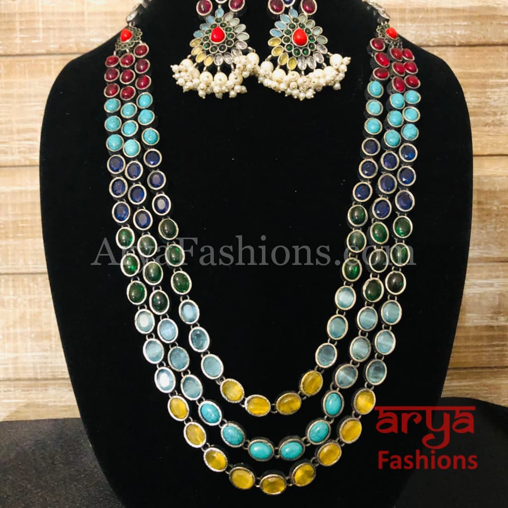 Kajal Multilayer Kemp Stones Long Necklace in Oxidized Silver