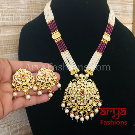 Kashi CZ Kundan Statement Necklace/Ruby Pink Beads Necklace/Handmade Necklace