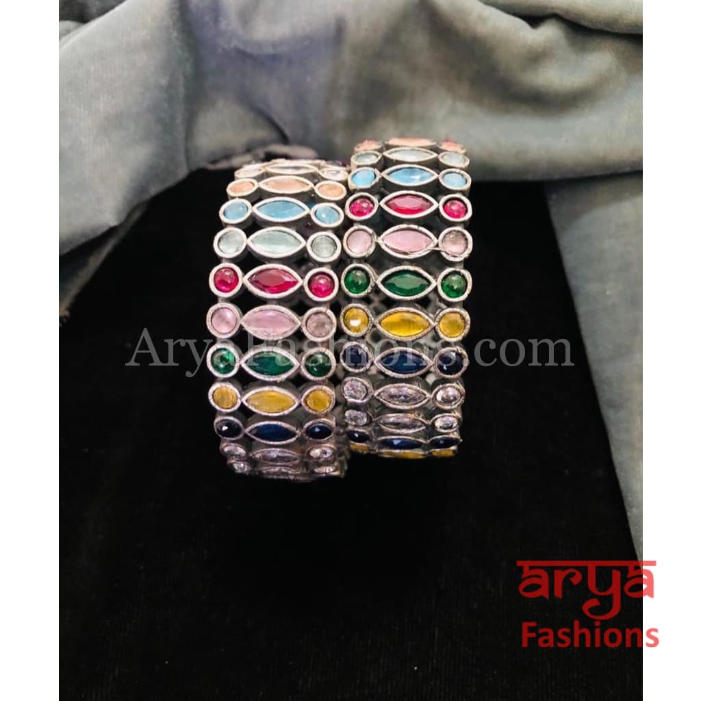 Kashvi Silver Oxidized Bracelet Bangles with Multicolor Stones