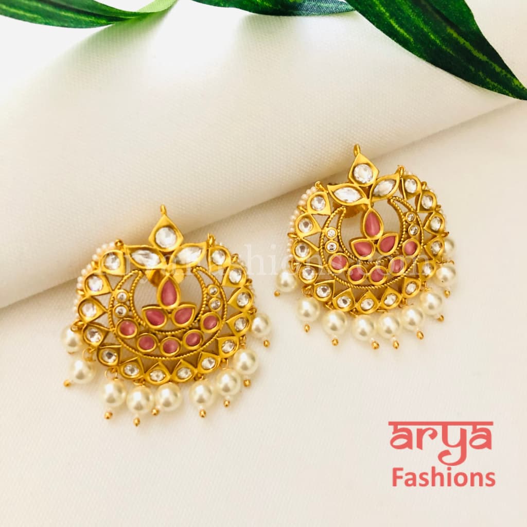 Kisha Golden Kundan Pearl Meenakari Chandbali Stud Earrings