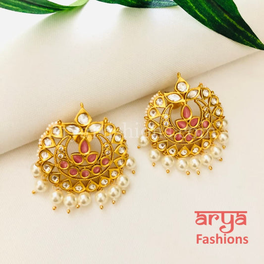 Kisha Golden Kundan Pearl Meenakari Chandbali Stud Earrings