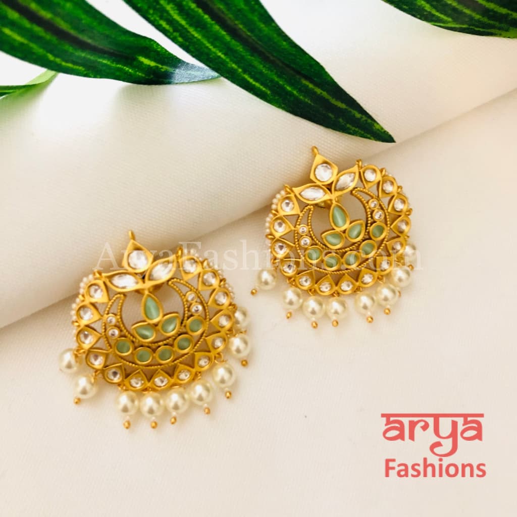 Kisha Golden Kundan Pearl Meenakari Chandbali Stud Earrings