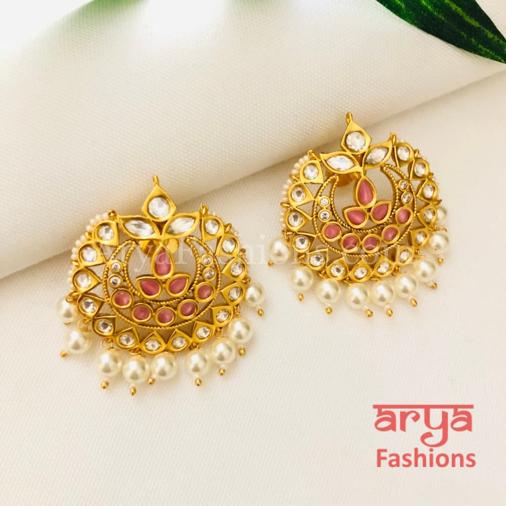 Kisha Golden Kundan Pearl Meenakari Chandbali Stud Earrings