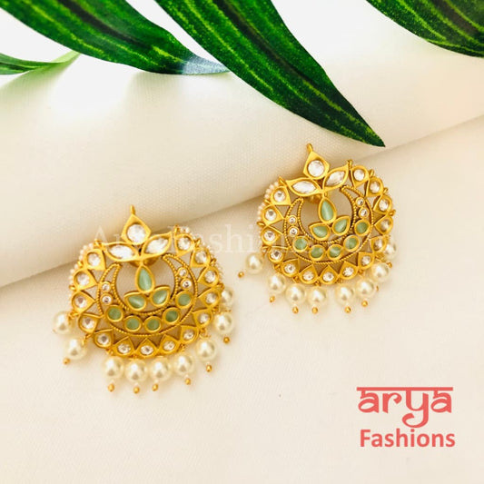 Kisha Golden Kundan Pearl Meenakari Chandbali Stud Earrings
