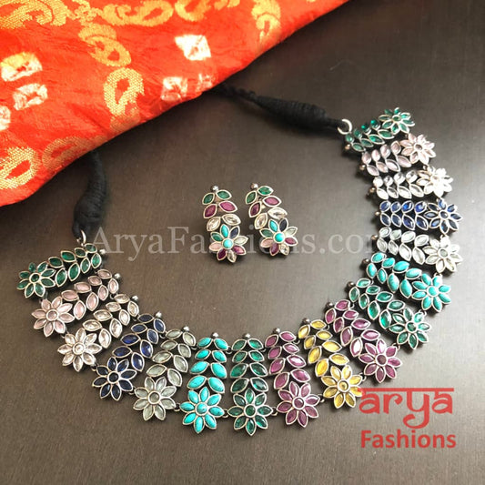 Kishani Oxidized Silver Jaipuri Tribal Necklace with Multicolor beads