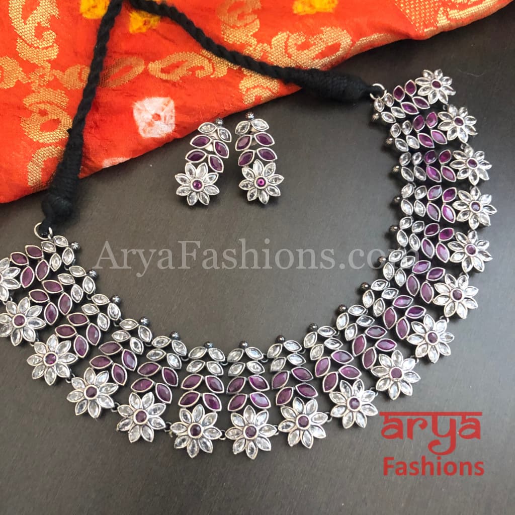Kishani Oxidized Silver Jaipuri Tribal Necklace with Multicolor beads
