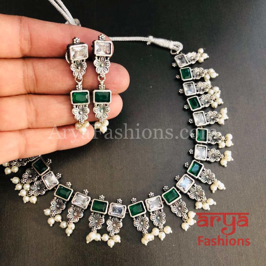 Kishu Designer Oxidized Silver Necklace with Multicolor Stones