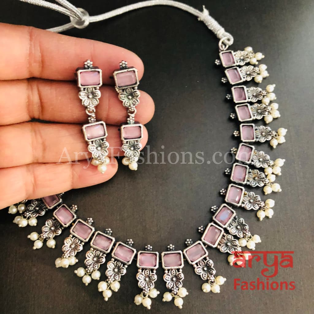 Kishu Designer Oxidized Silver Necklace with Multicolor Stones