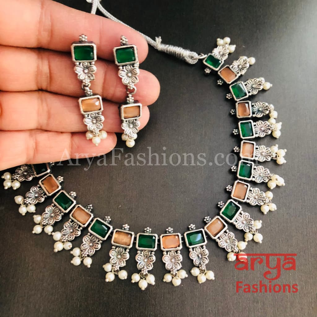 Kishu Designer Oxidized Silver Necklace with Multicolor Stones