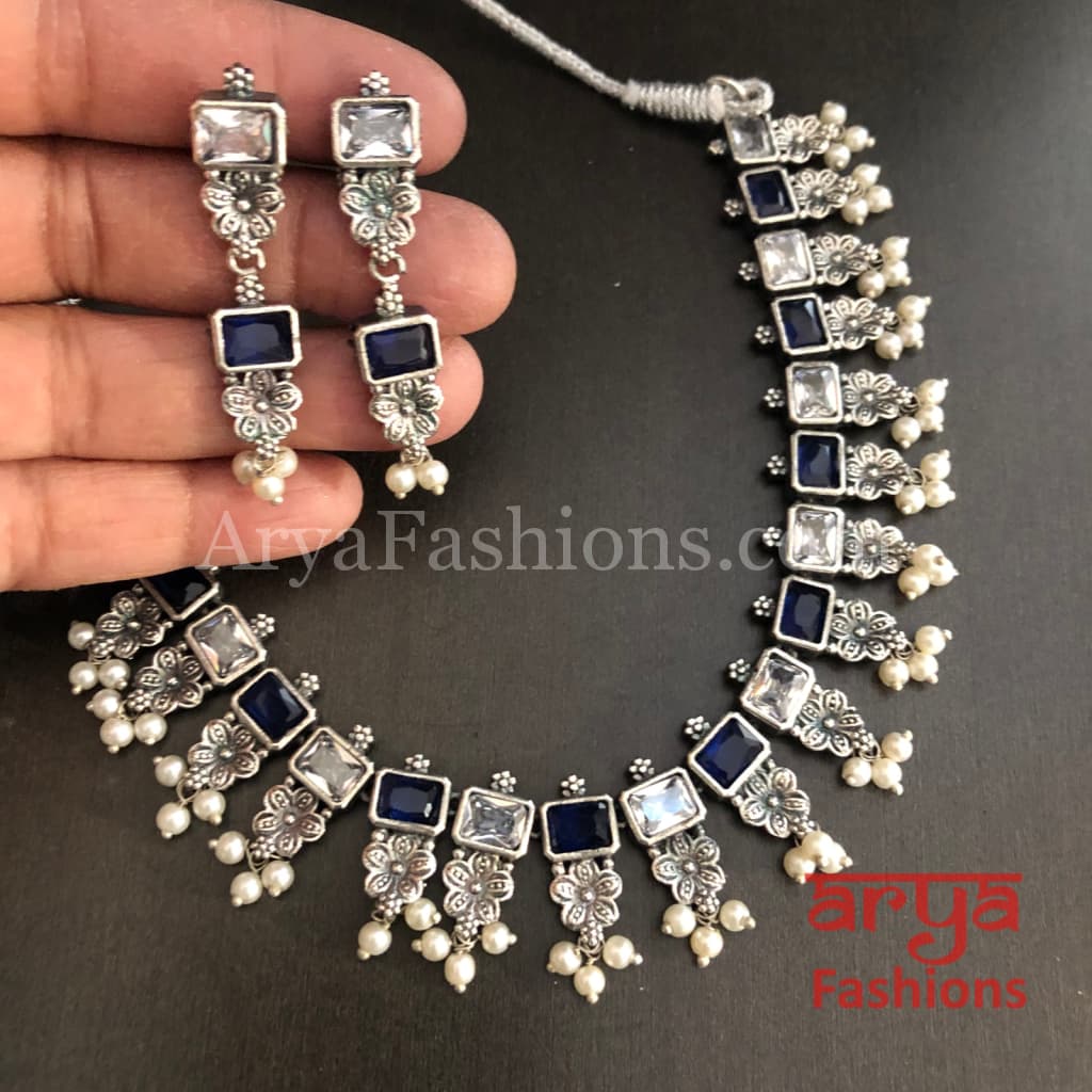 Kishu Designer Oxidized Silver Necklace with Multicolor Stones