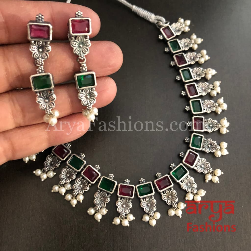 Kishu Designer Oxidized Silver Necklace with Multicolor Stones