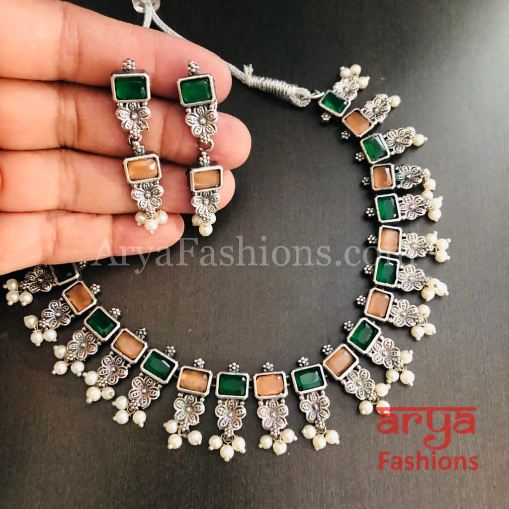 Kishu Designer Oxidized Silver Necklace with Multicolor Stones
