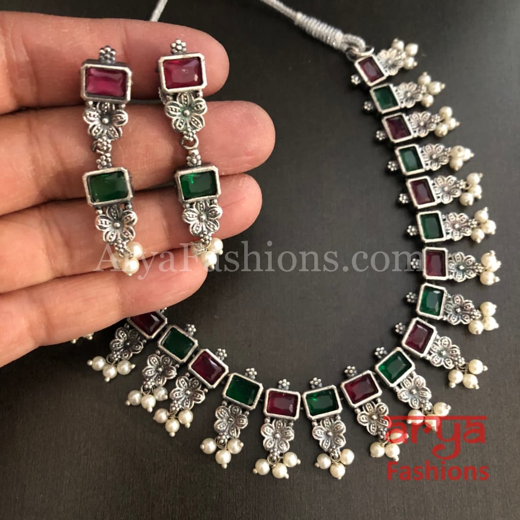 Kishu Designer Oxidized Silver Necklace with Multicolor Stones