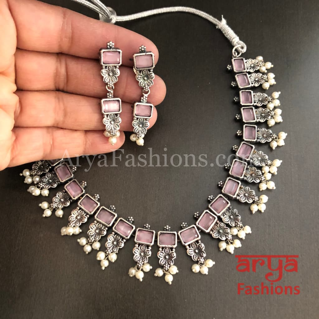 Kishu Designer Oxidized Silver Necklace with Multicolor Stones