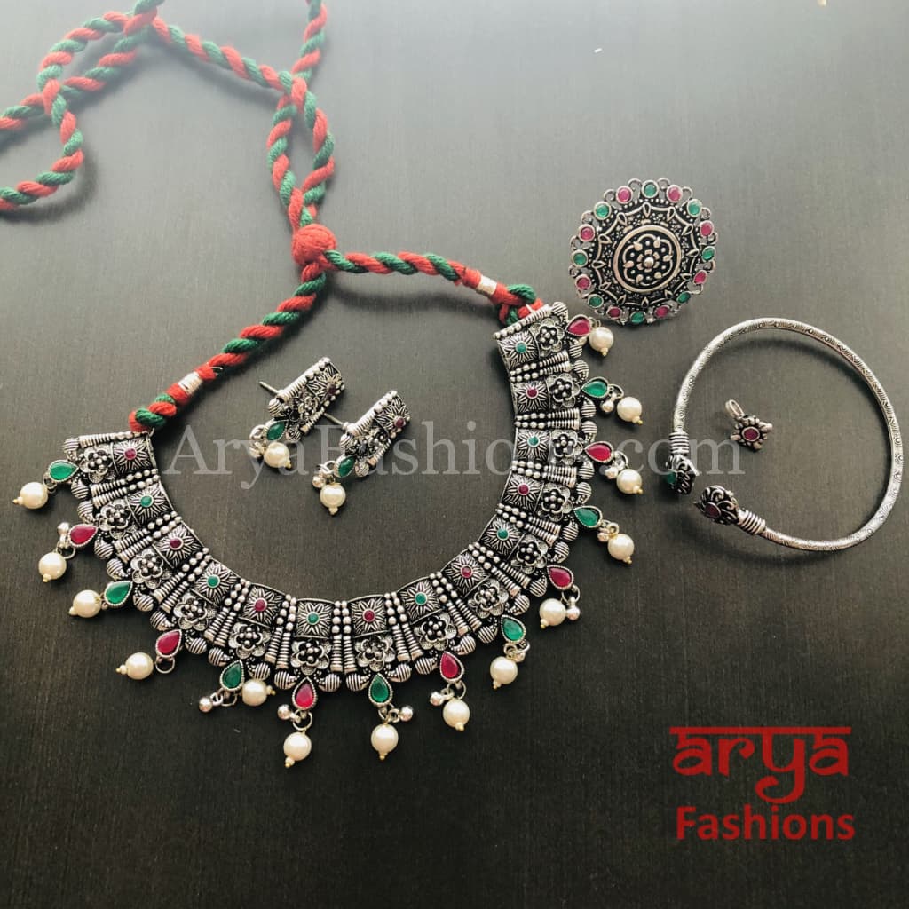 Kolhapuri Oxidized Silver Necklace set with Pearl Beads