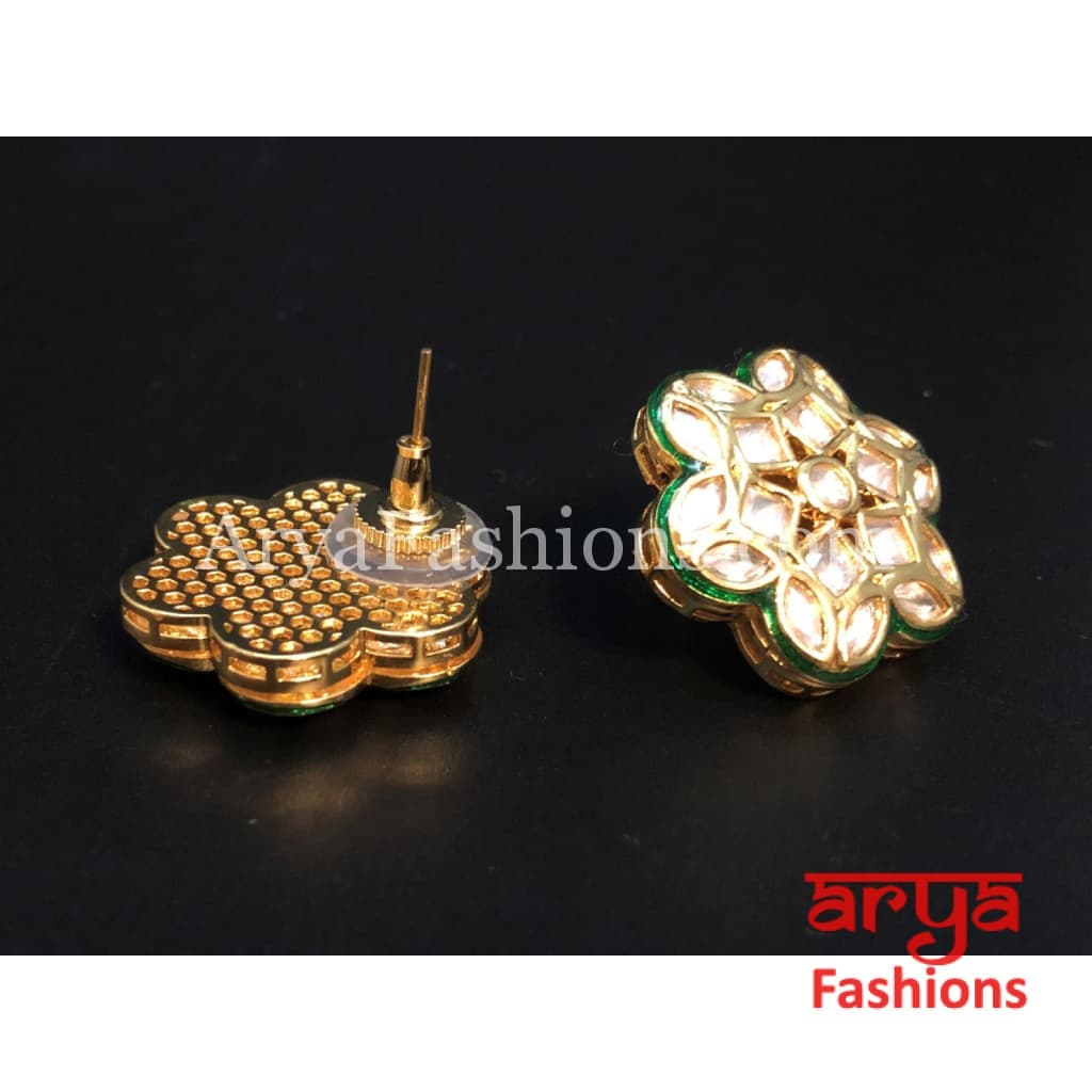 Kundan Green Meenakari Star Shape Studs
