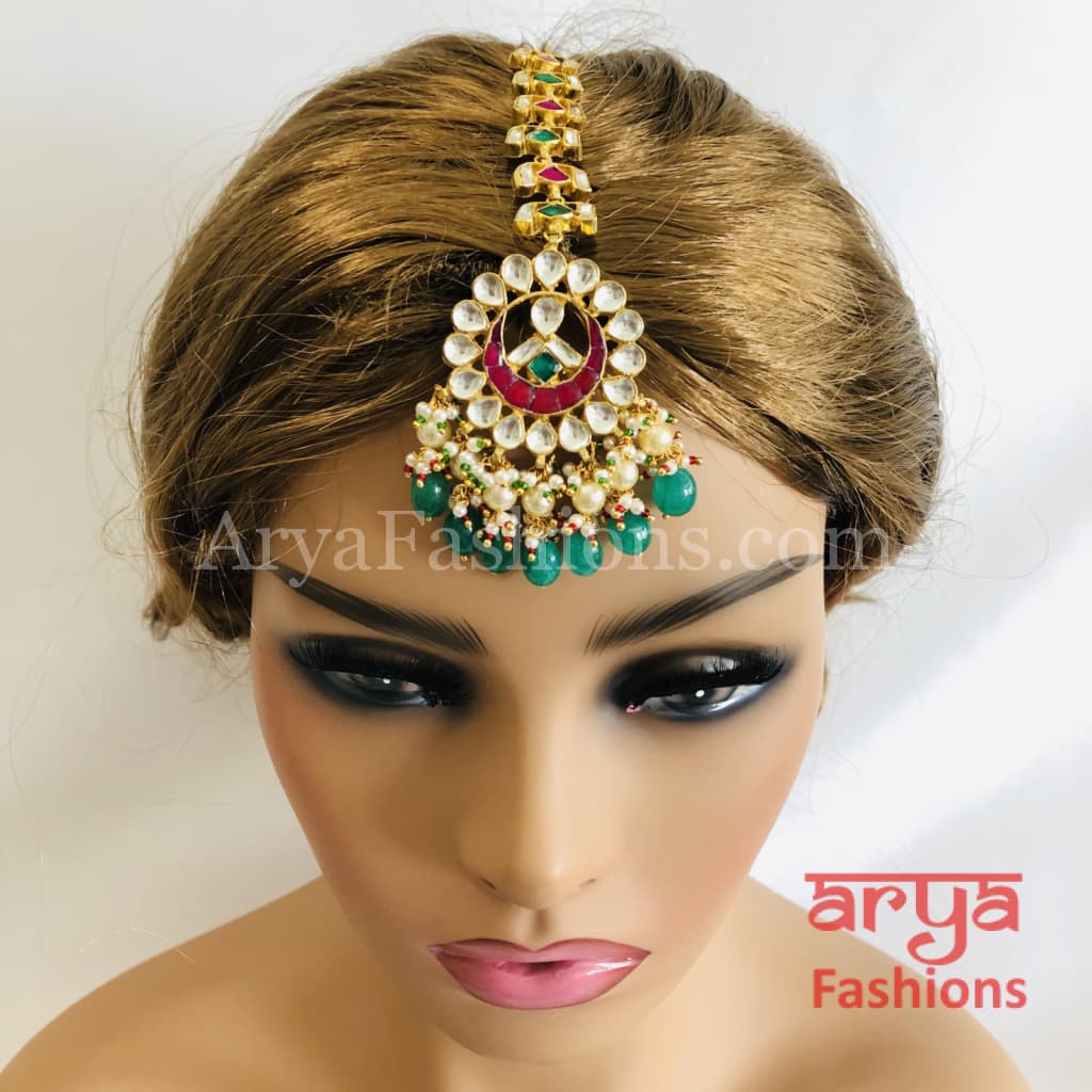 Kundan Mang Tika with Multicolor stones and Emerald Beads