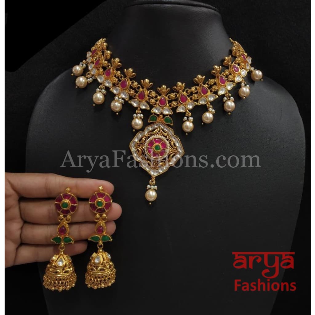 Kundan Meenakari Necklace with Golden Pearl Drops