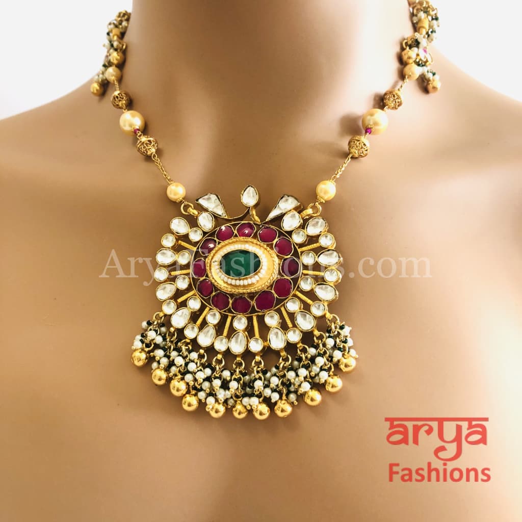 Long Kundan Necklace with Ruby and Emerald Beads work