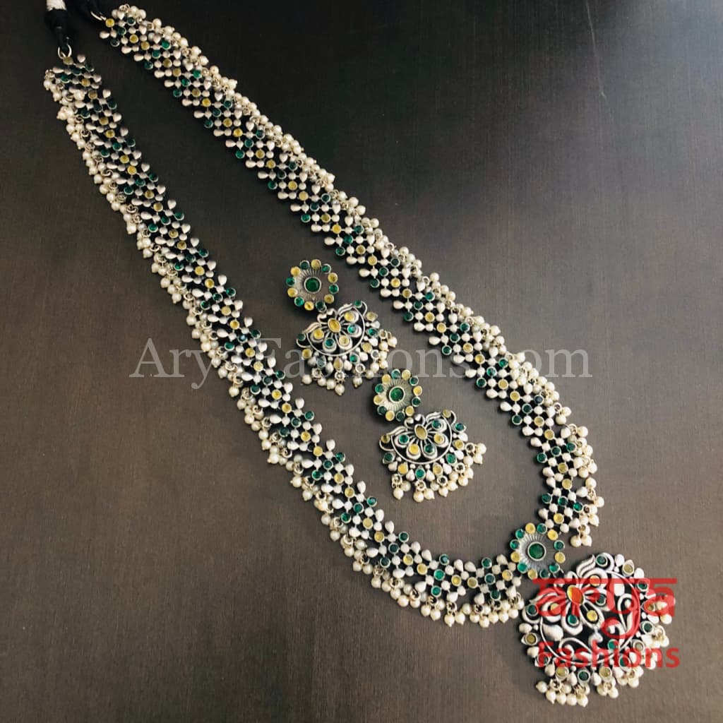 Long Multicolor Stone Oxidized Silver Haram Necklace