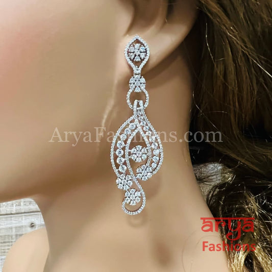 Long Silver CZ Earrings / Designer Cubic Zirconia earrings/