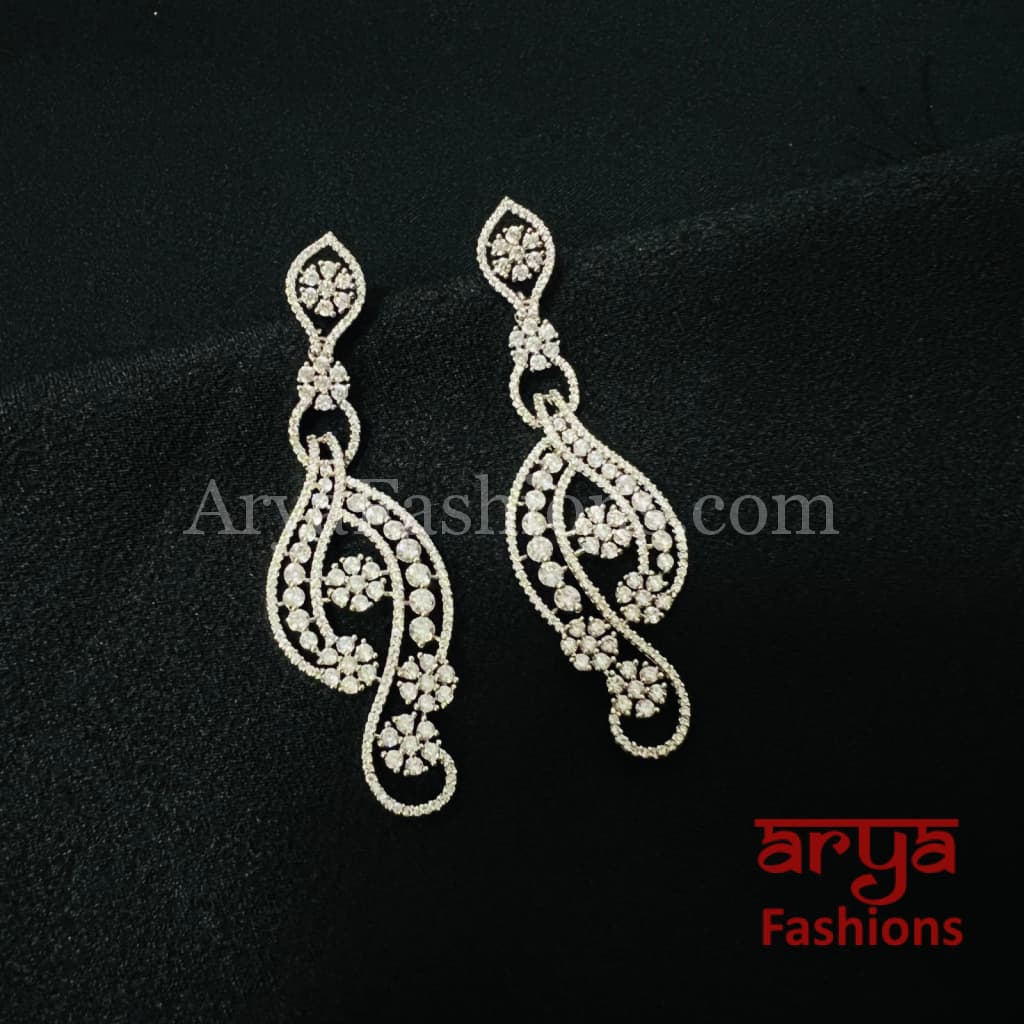 Long Silver CZ Earrings / Designer Cubic Zirconia earrings/