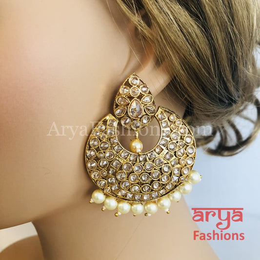 Mahi Golden Kundan Pearl Bridal Earrings / Antique Chandbali