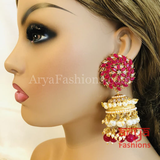 Mahi Golden Meenakari Long Jhumka Earrings with Pearl beads