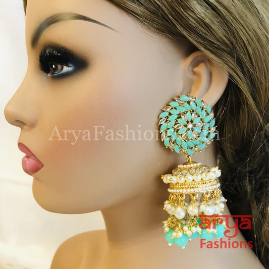 Mahi Golden Meenakari Long Jhumka Earrings with Pearl beads