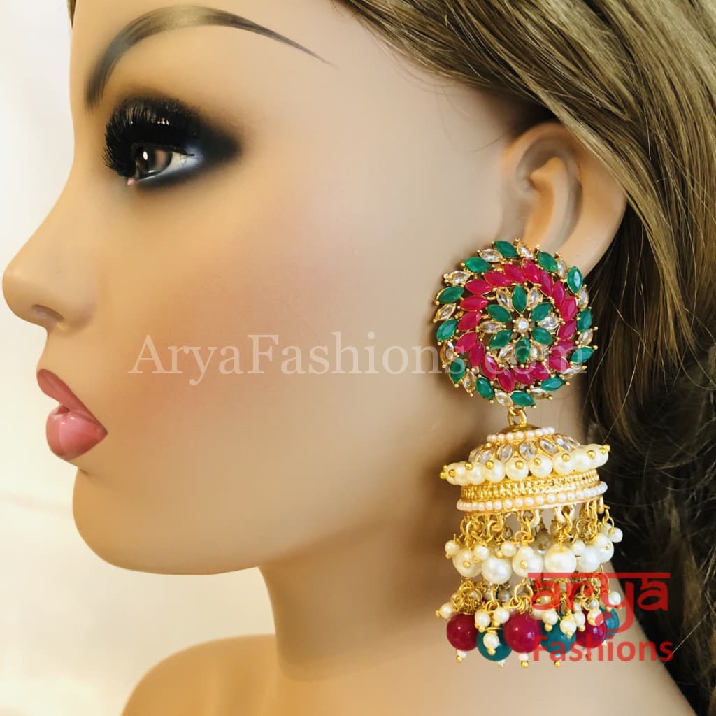 Mahi Golden Meenakari Long Jhumka Earrings with Pearl beads