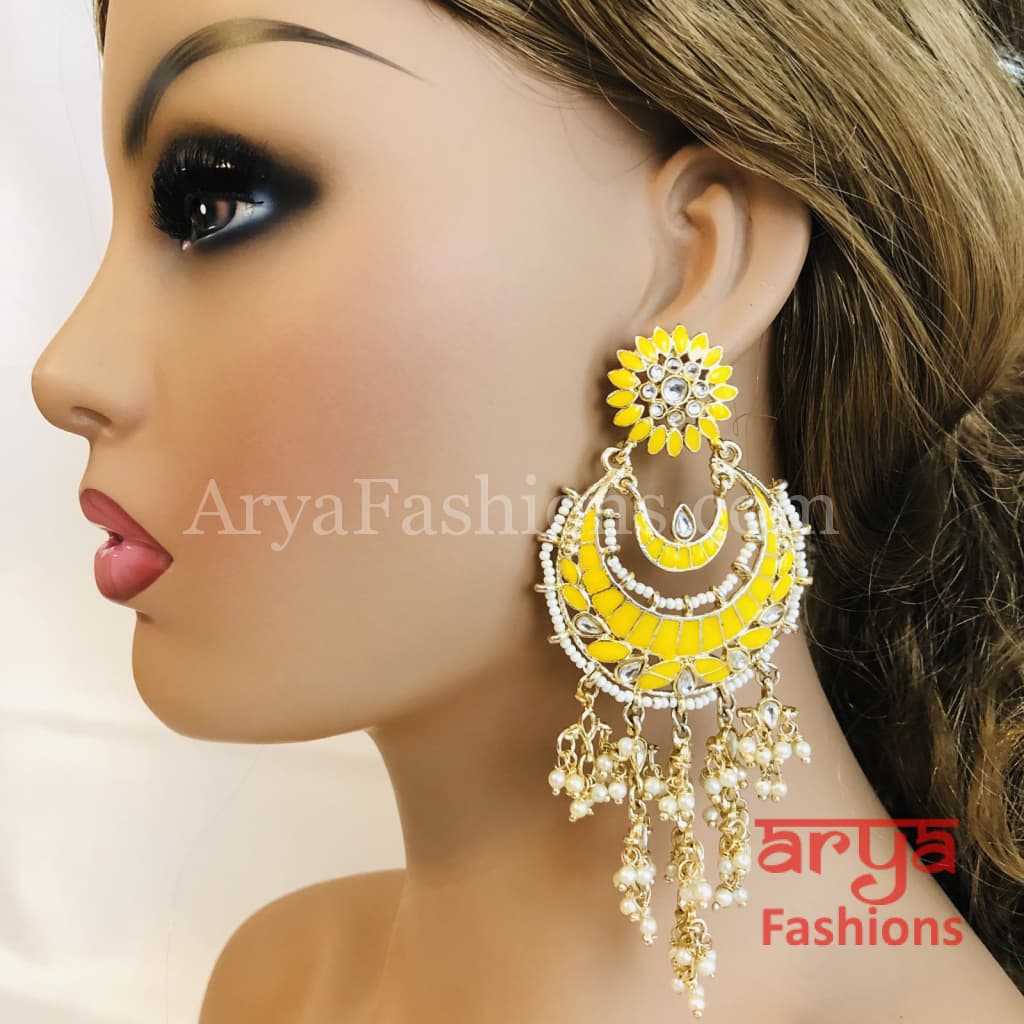 Mahi Kundan Meenakari Long Chandbalis with Pearl Beads