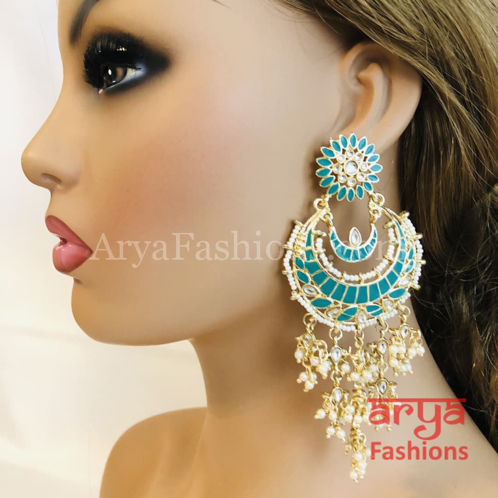 Mahi Kundan Meenakari Long Chandbalis with Pearl Beads