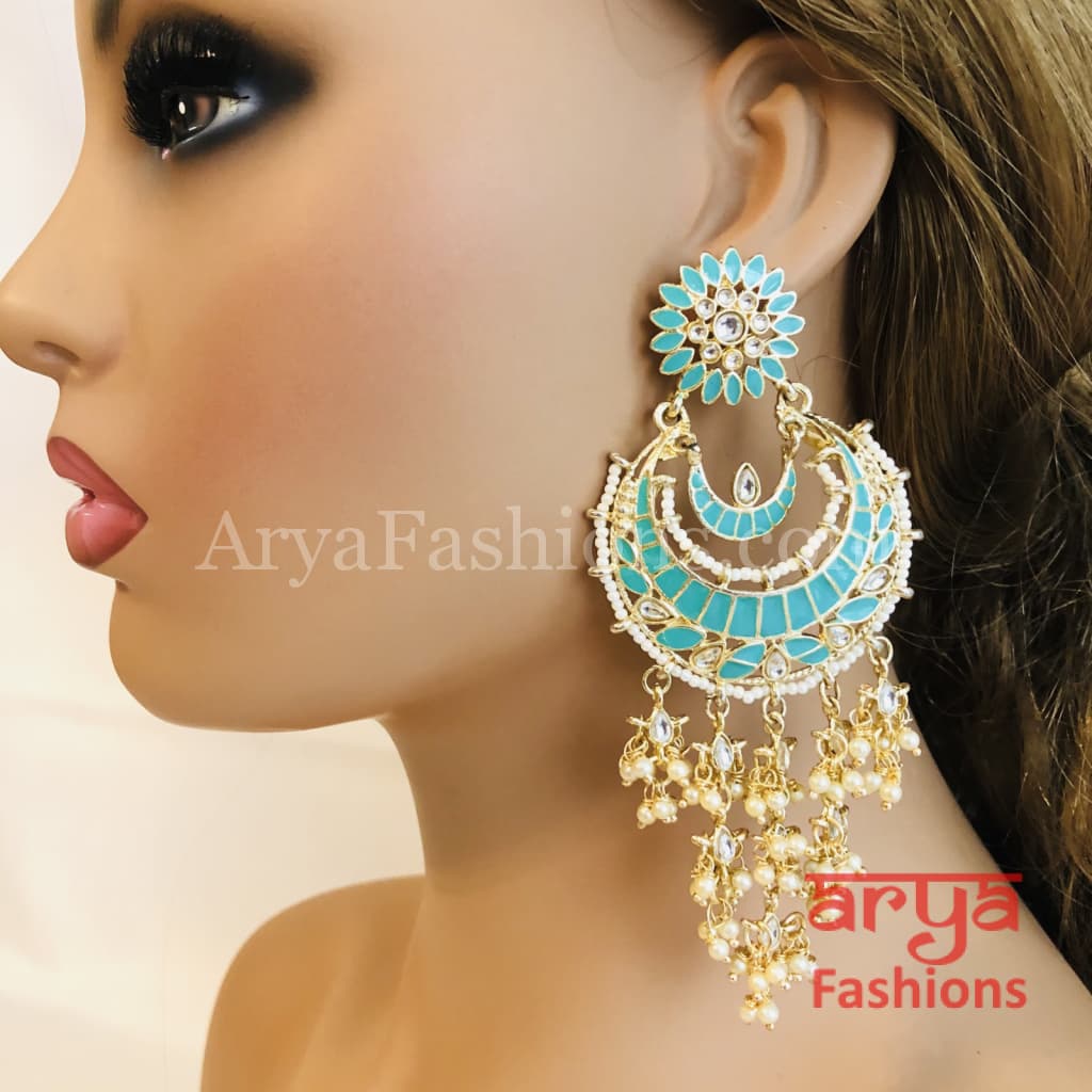 Mahi Kundan Meenakari Long Chandbalis with Pearl Beads