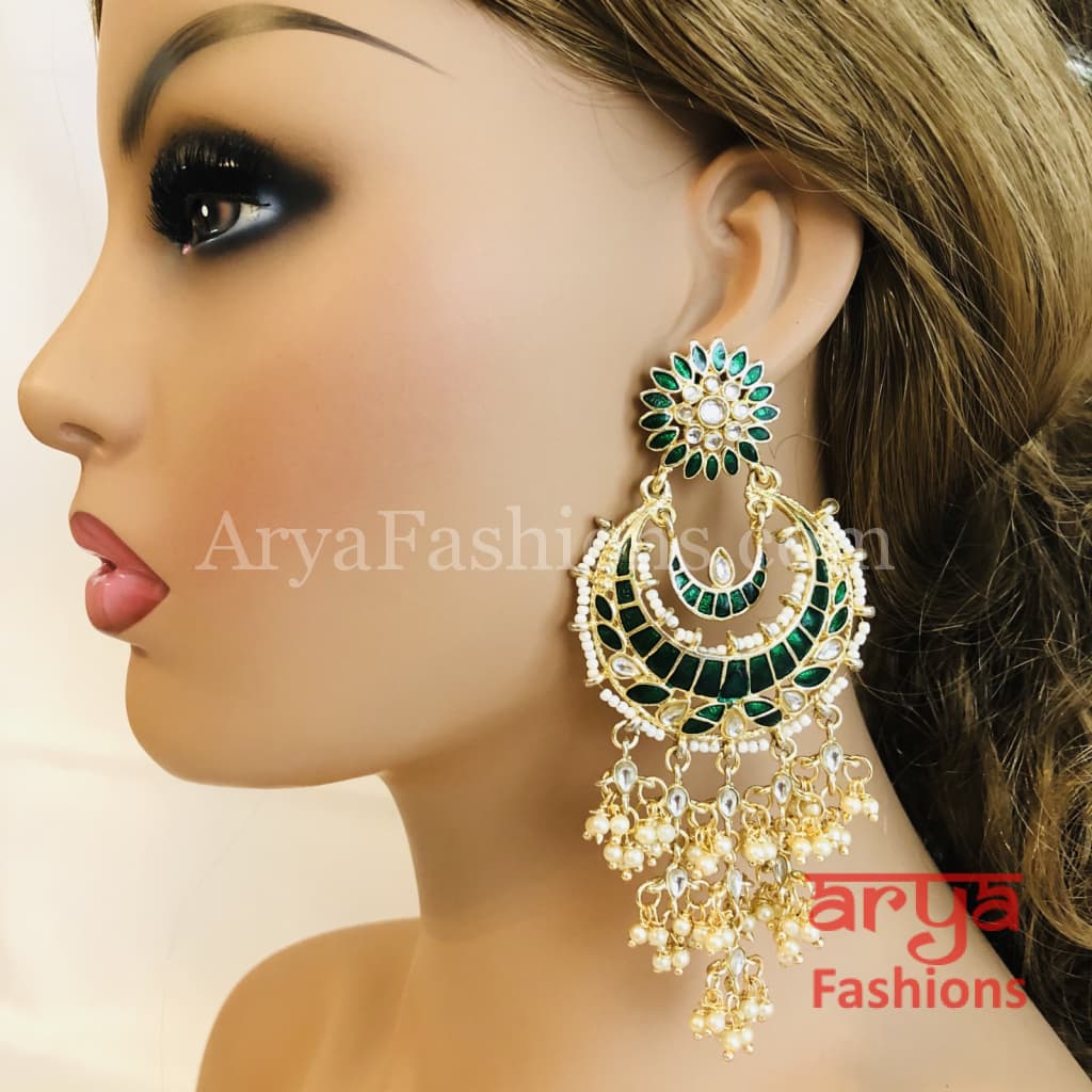 Mahi Kundan Meenakari Long Chandbalis with Pearl Beads
