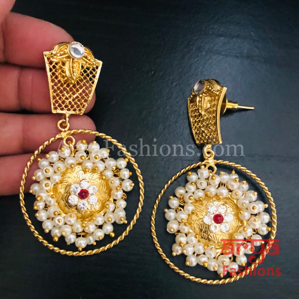 Mahi Matte Gold Designer Chandbali Pearl Earrings