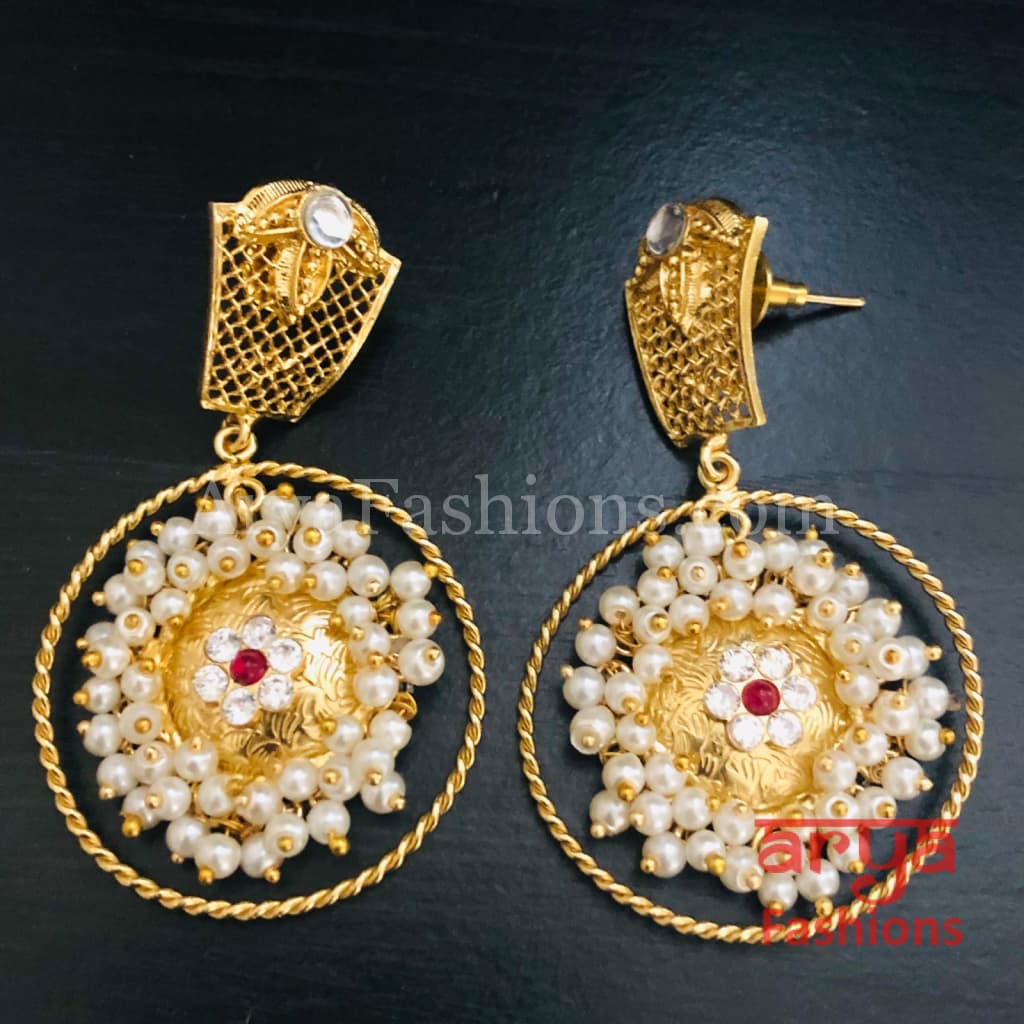 Mahi Matte Gold Designer Chandbali Pearl Earrings