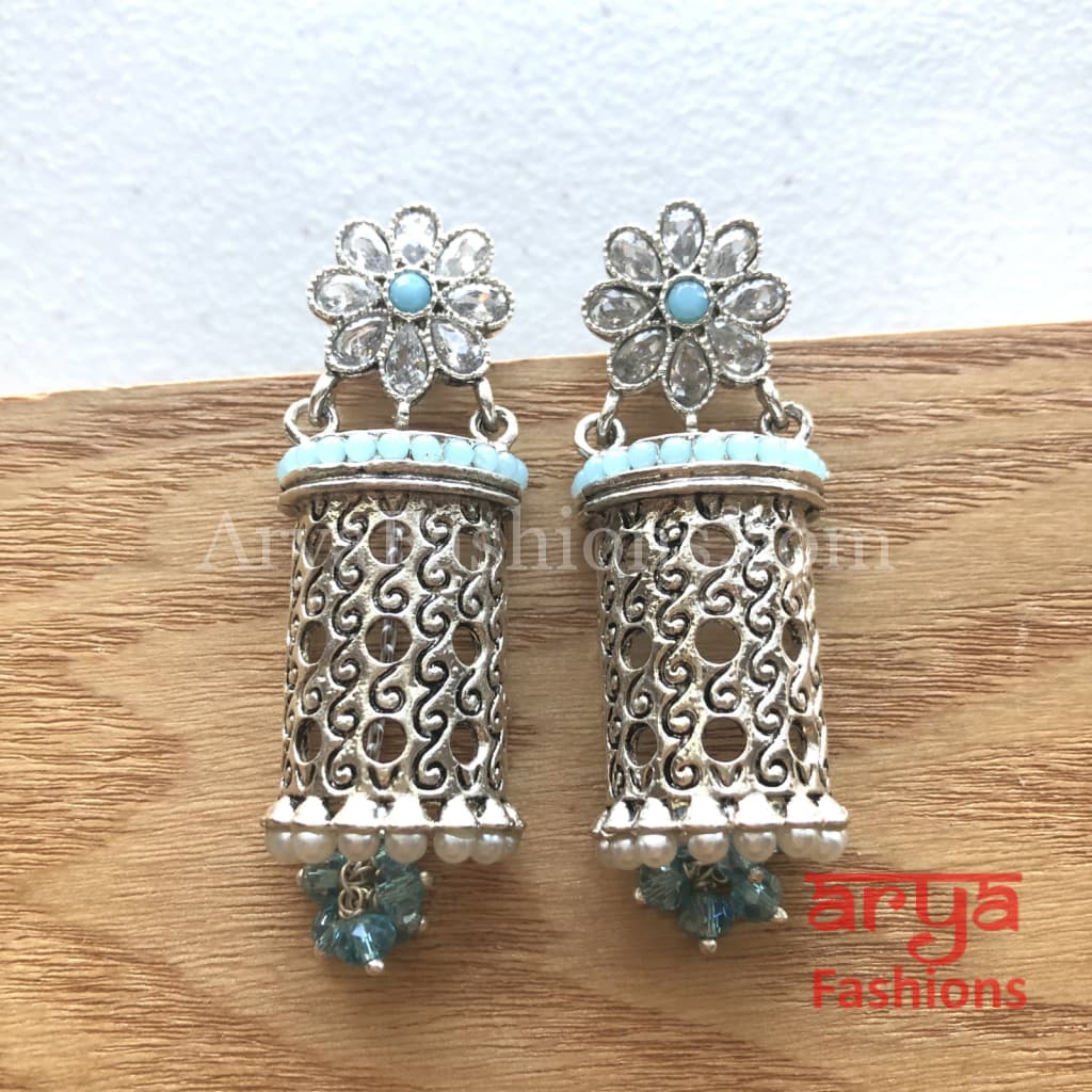 Mahi Silver Earrings with colorful beads/Oxidized Tribal