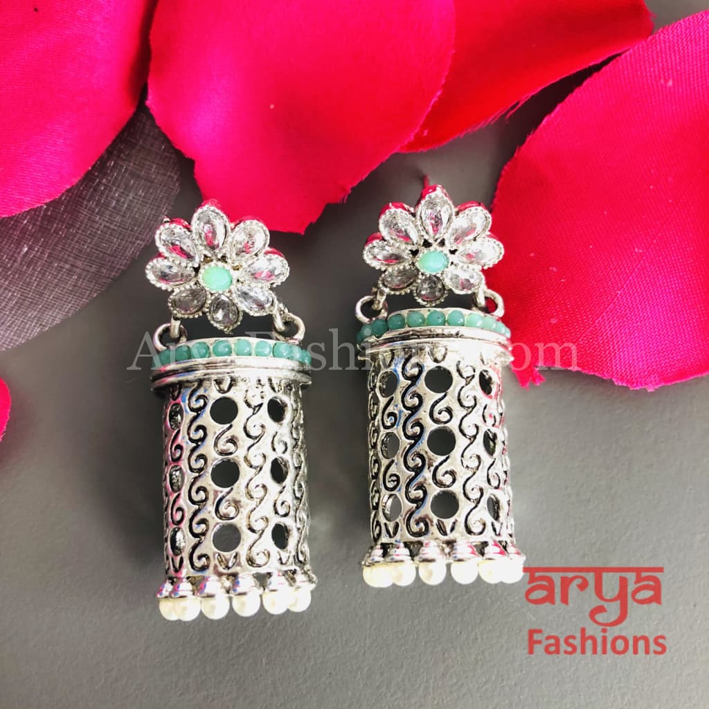 Mahi Silver Earrings with colorful beads/Oxidized Tribal
