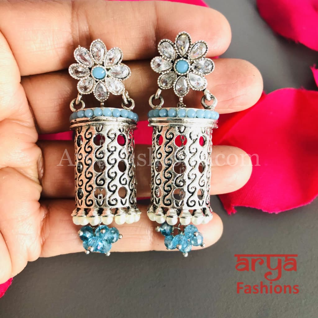 Mahi Silver Earrings with colorful beads/Oxidized Tribal