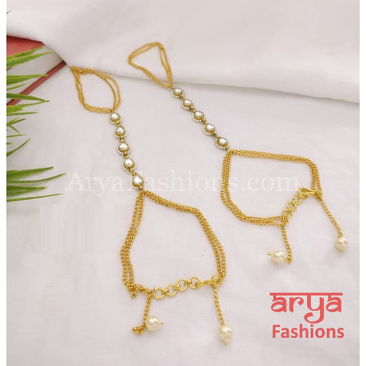 Mahira Hand Bracelet Pacchi Kundan Hathphool Pair with Pearls