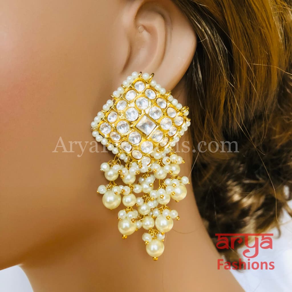 Mahira Pacchi Kundan Chandbali Earrings with Pearl Beads
