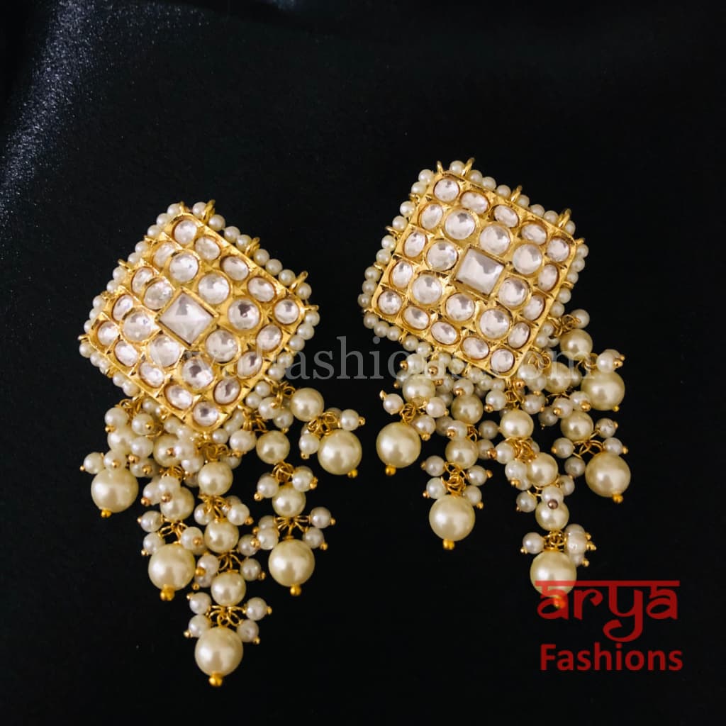Mahira Pacchi Kundan Chandbali Earrings with Pearl Beads