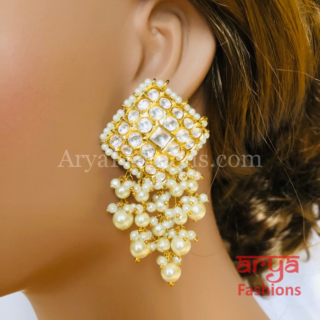 Mahira Pacchi Kundan Chandbali Earrings with Pearl Beads